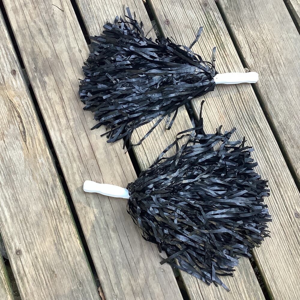 Cheerleading Pom Poms Pair Solid Black 10" Strands 4" Plastic Handle Props